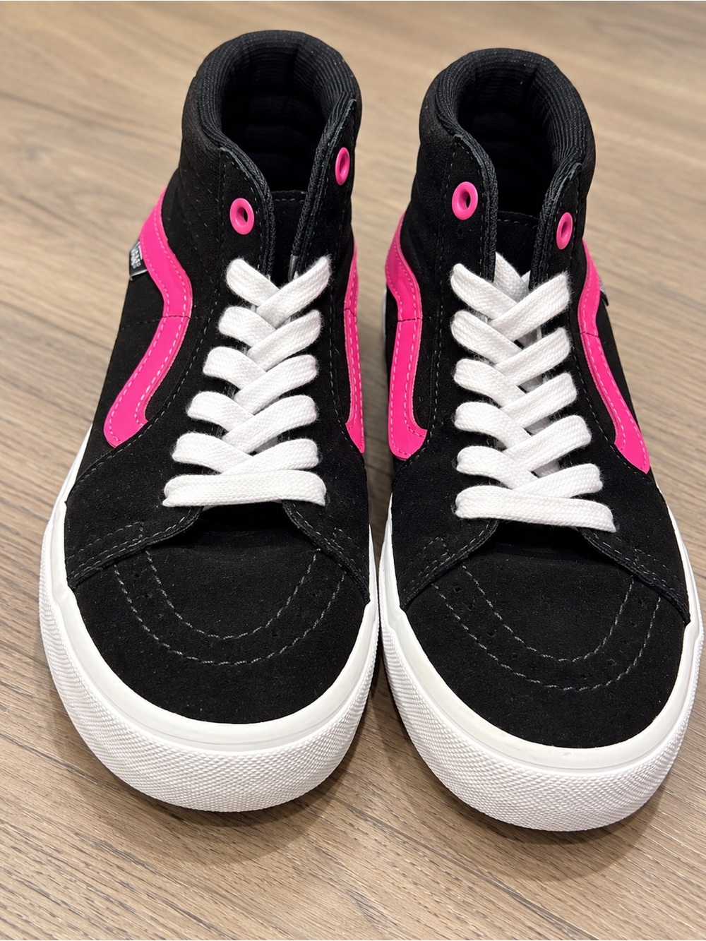 Vans Women's Black and Hot Pink High-Top Sneakers